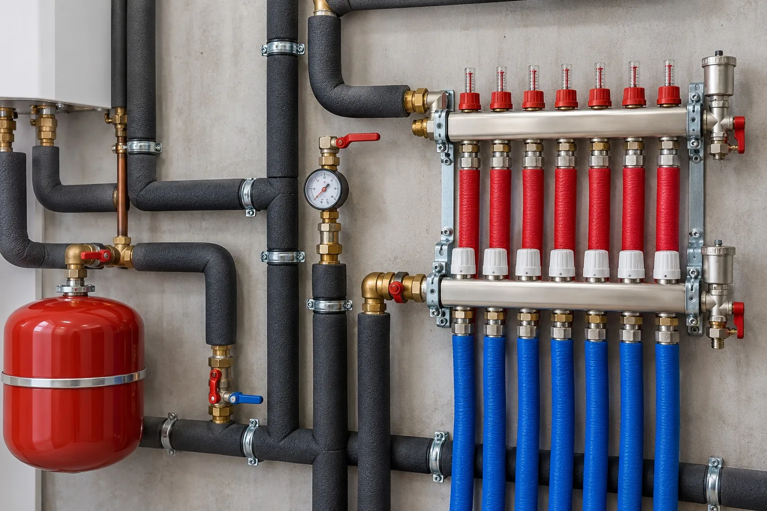 Detailansicht eines Heizungsverteilers mit ordentlich verlegten Rohrleitungen.